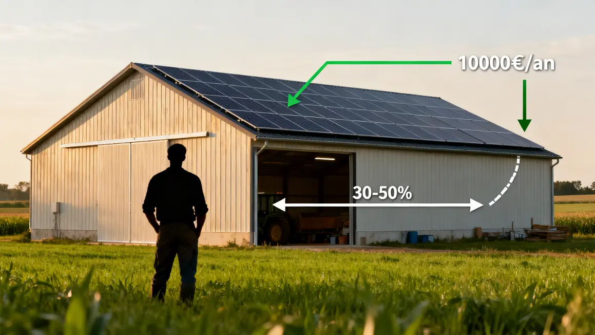 Hangar Arkolia Energies silhouette agriculteur panneaux solaires