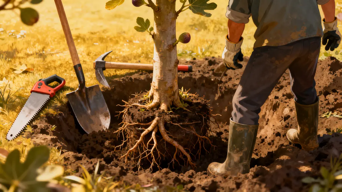 arrachage racines jeune figuier outils chantier jardin