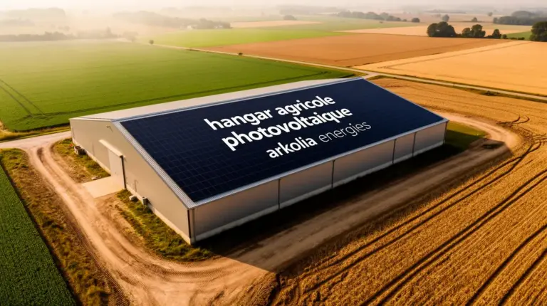 Hangar agricole photovoltaique Arkolia vue aerienne champs