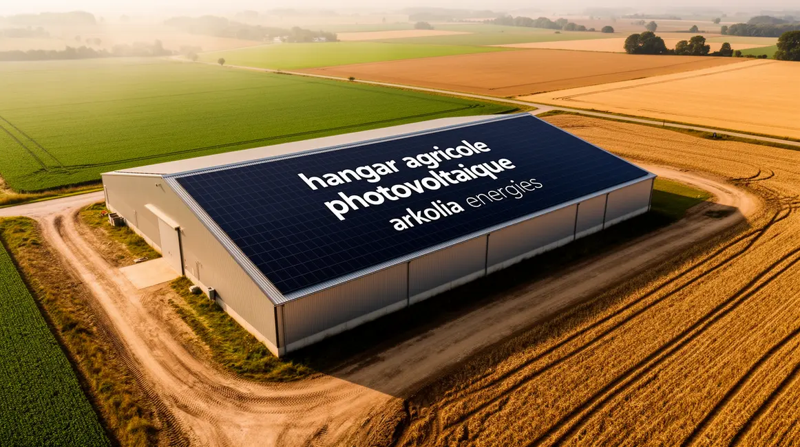 Hangar agricole photovoltaique Arkolia vue aerienne champs