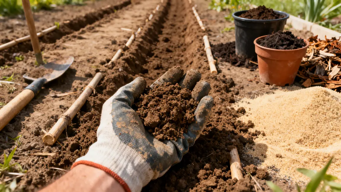 Sol meuble compost sable semis persil jardin