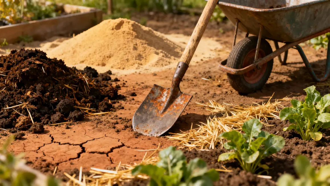 Scene amelioration sol argileux compost sable outils paillage