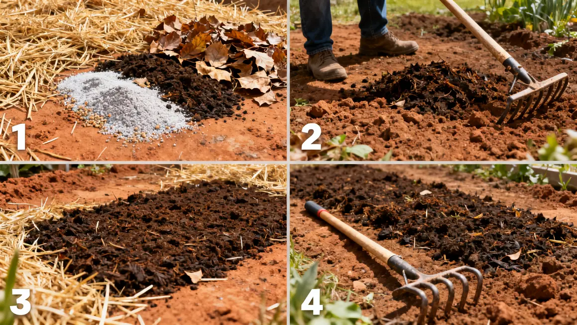 sol argileux paillé, compost, grelinette, brf etapes