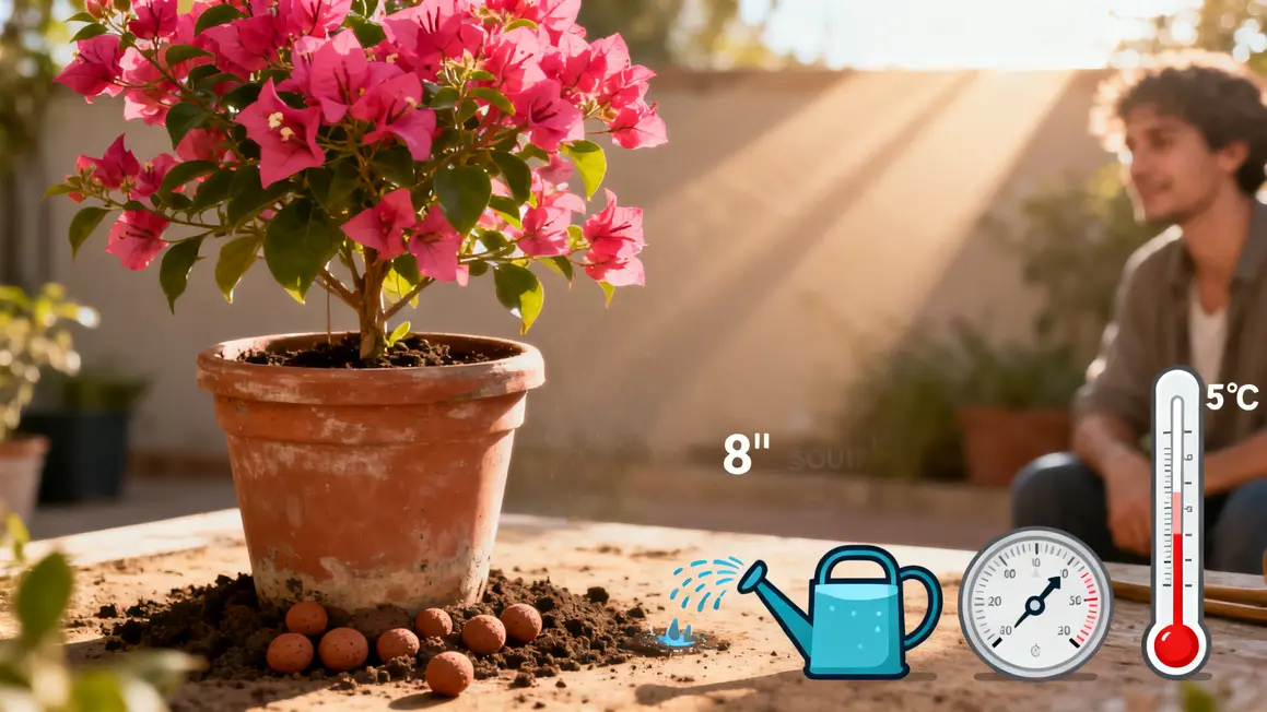 Pot de bougainvillier en lumière sud terre drainée arrosage modéré