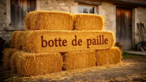 tas de bottes de paille devant une ferme ancienne