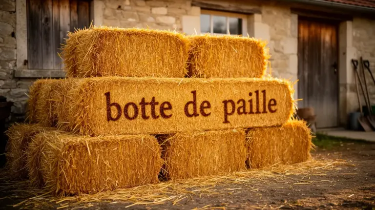 tas de bottes de paille devant une ferme ancienne