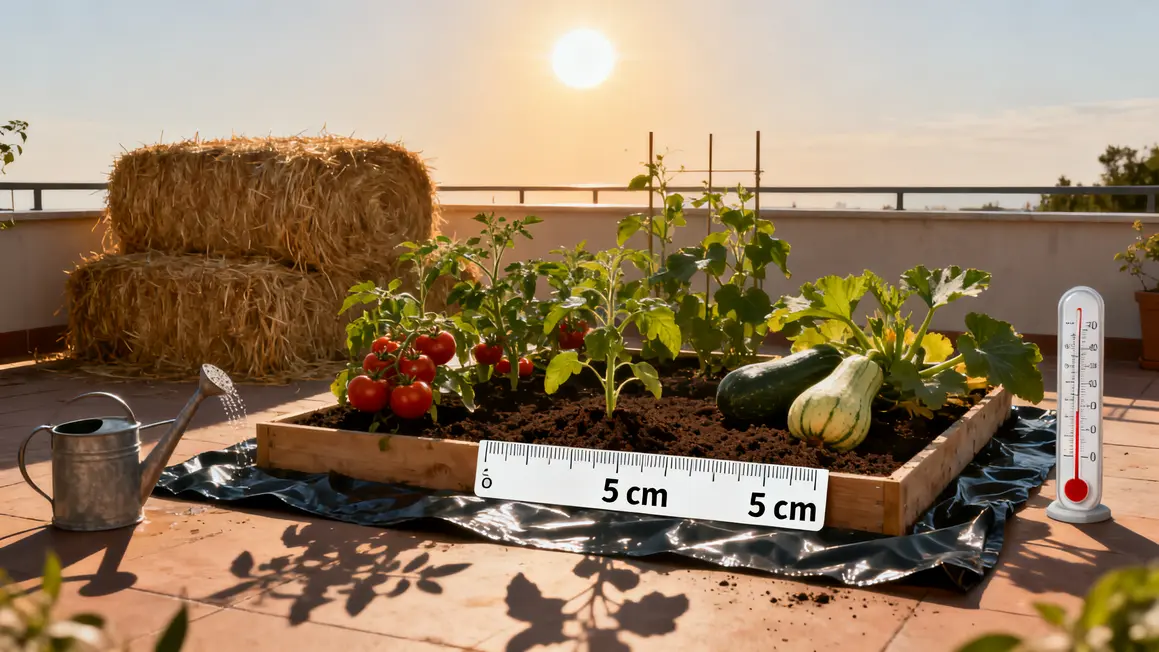 Botte de paille avec plants tomates courges terrasse