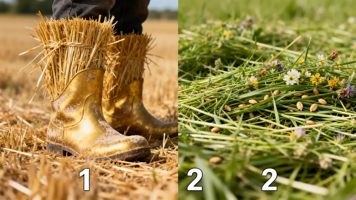 comparaison botte de paille dorée et foin vert