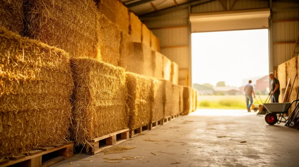 botte de paille bien stockée sous hangar ventilé sur palette