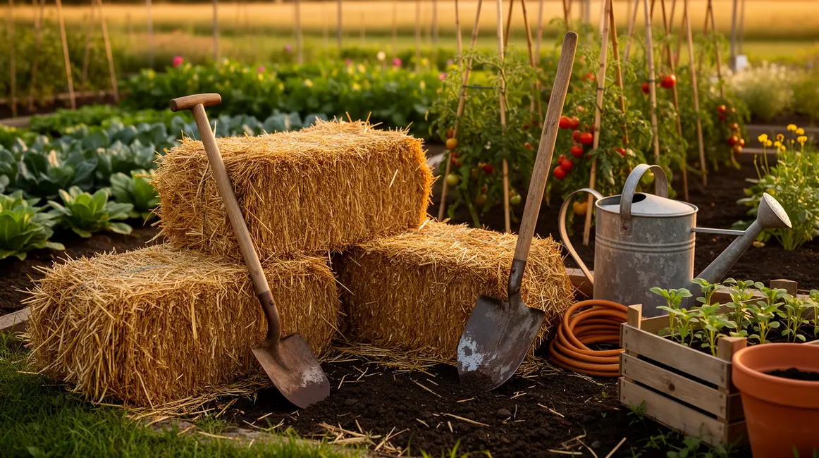 Bottes de paille potager outils rustiques