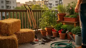 Bottes de paille sur balcon avec outils et legumes