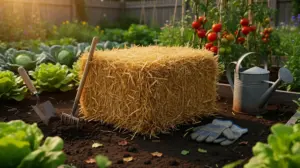 Botte de paille centre jardin entourée de légumes