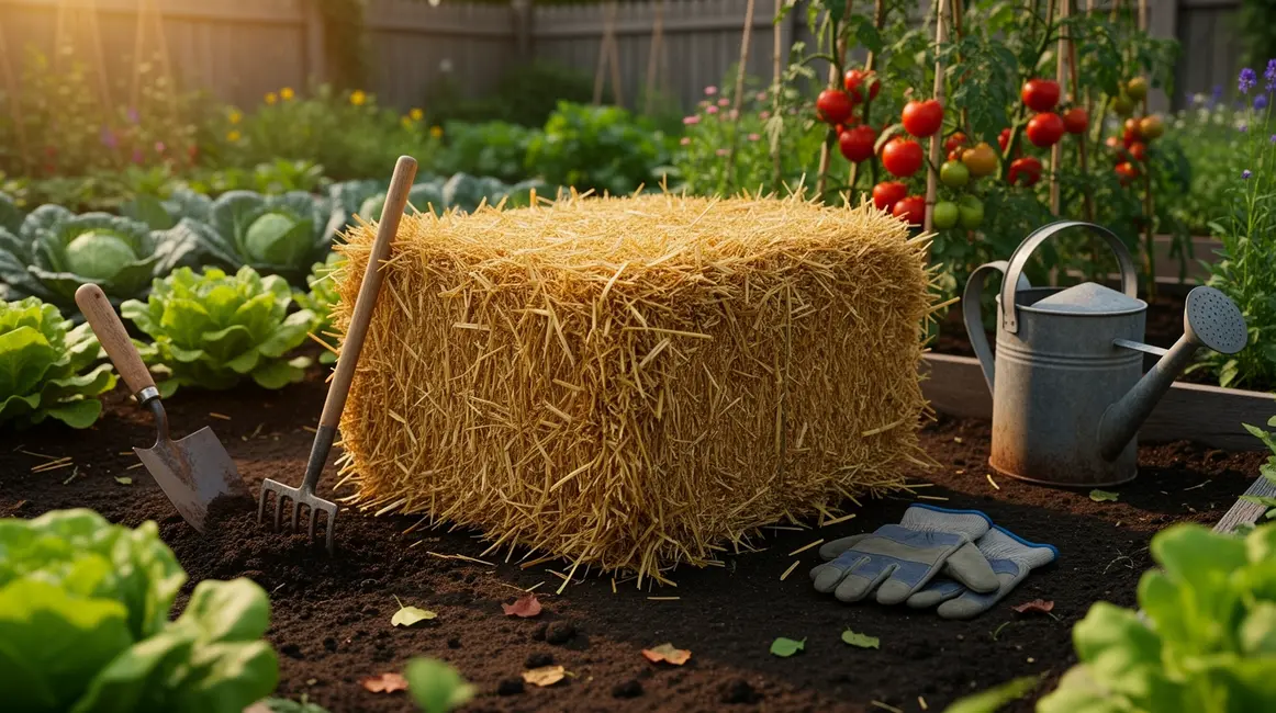 Botte de paille centre jardin entourée de légumes
