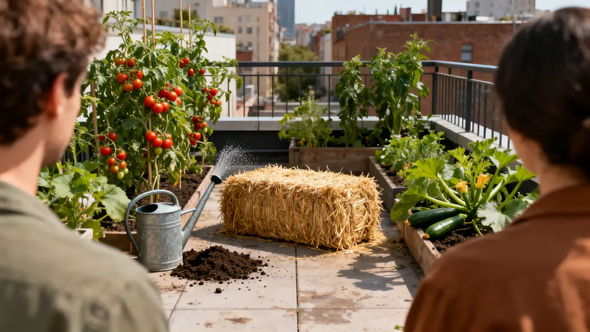 Botte de paille terrasse plantes tomates courgettes