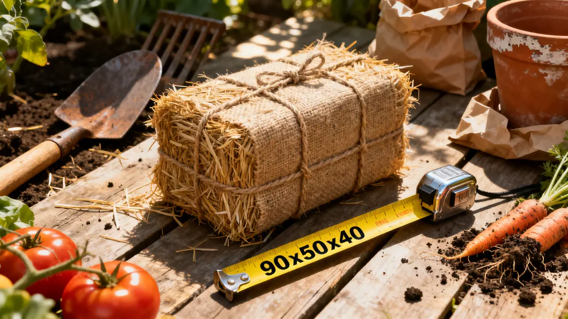 Botte de paille mesuree outils et legumes frais