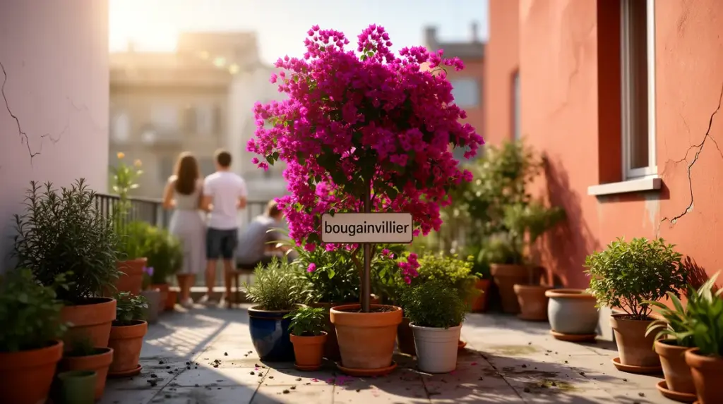 Bougainvillier vibrant au centre d'un balcon urbain, ambiance été