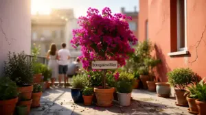 Bougainvillier vibrant au centre d'un balcon urbain, ambiance été