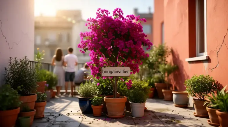Bougainvillier vibrant au centre d'un balcon urbain, ambiance été