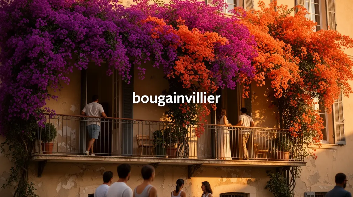 bougainvillier luxuriant sur balcon ou facade ensoleillee avec bractees violettes roses oranges