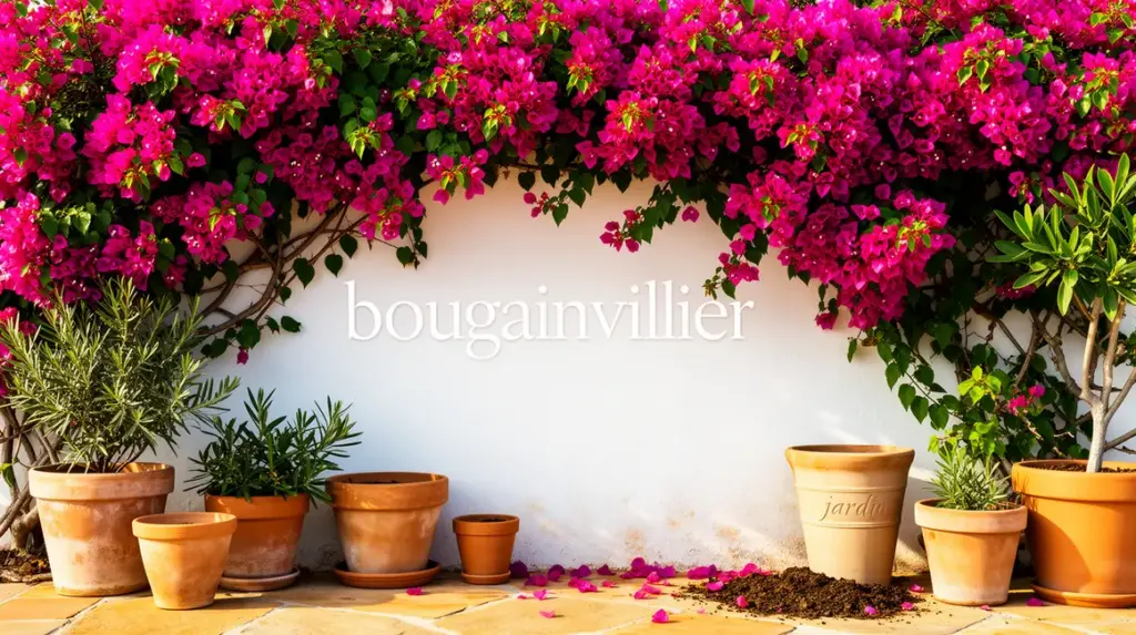 Bougainvillier fleuri lumineux contre mur blanc