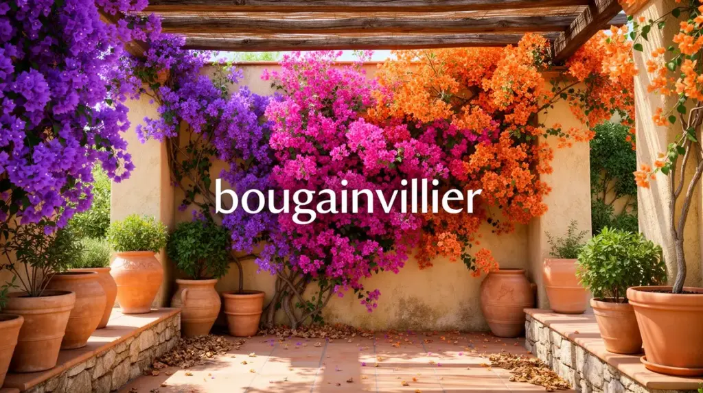 Bougainvillier en floraison dans jardin méditerranéen murs pergola pots
