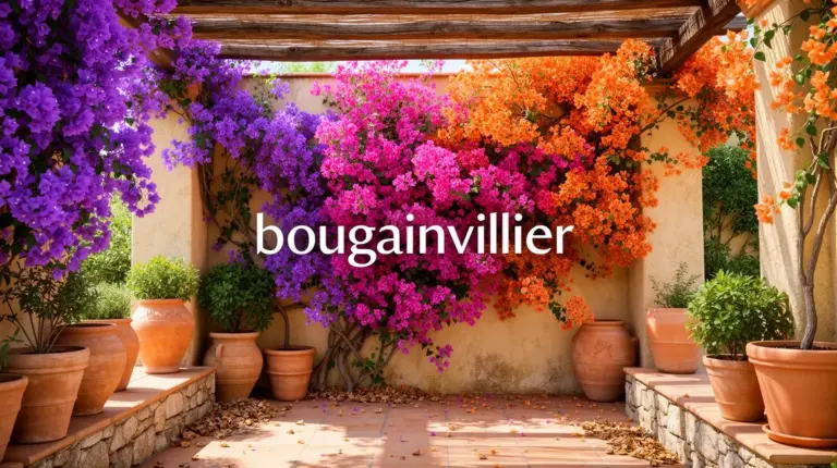 Bougainvillier en floraison dans jardin méditerranéen murs pergola pots