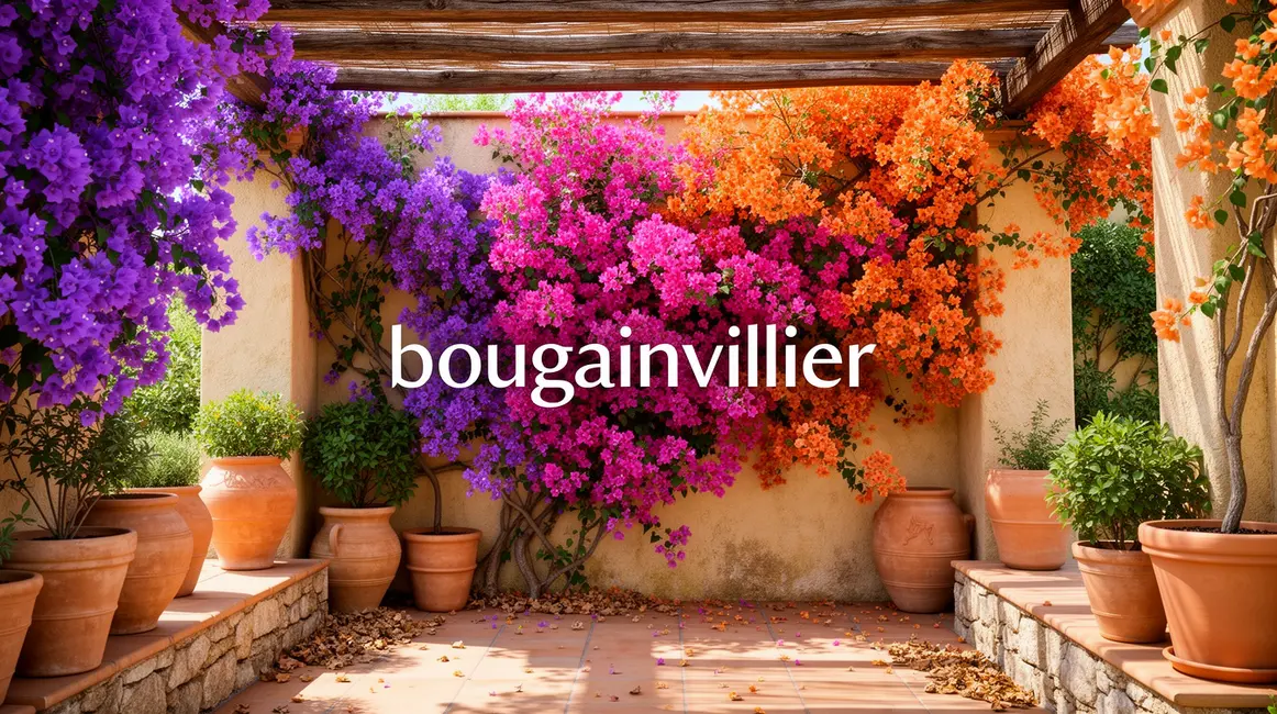 Bougainvillier en floraison dans jardin méditerranéen murs pergola pots