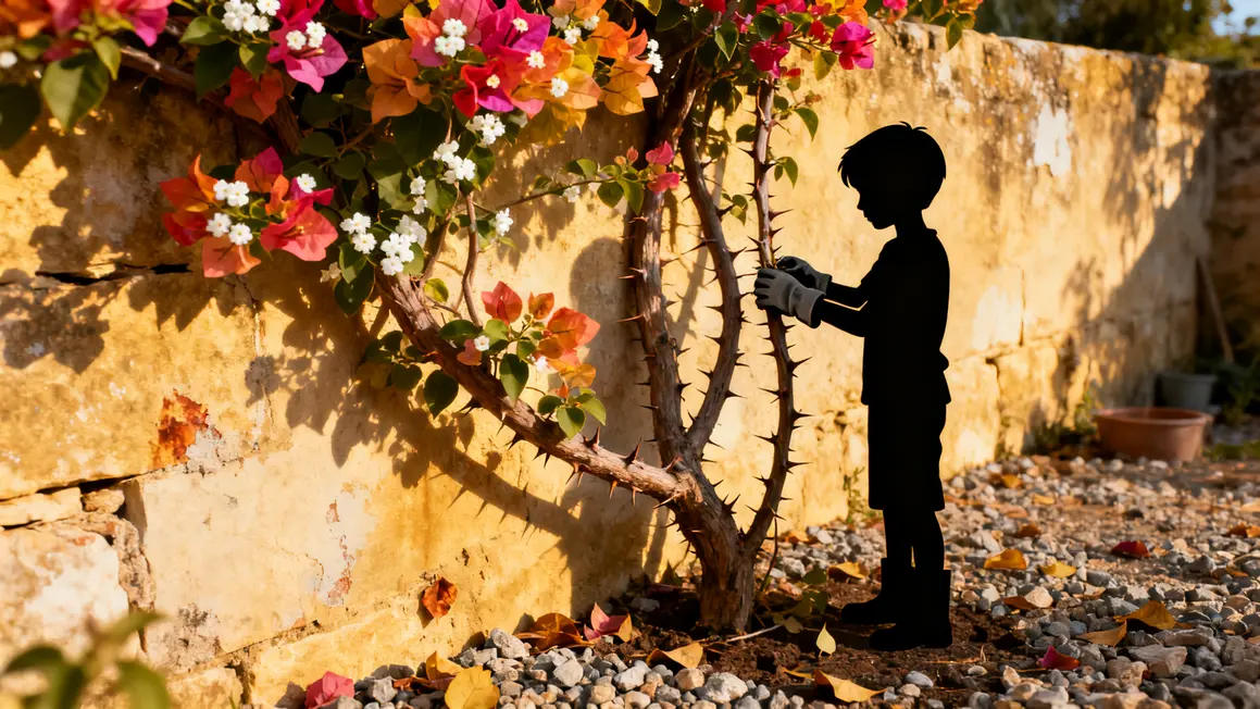 bougainvillier grimpant sur mur ensoleille avec bractees colorees et signalisation climat