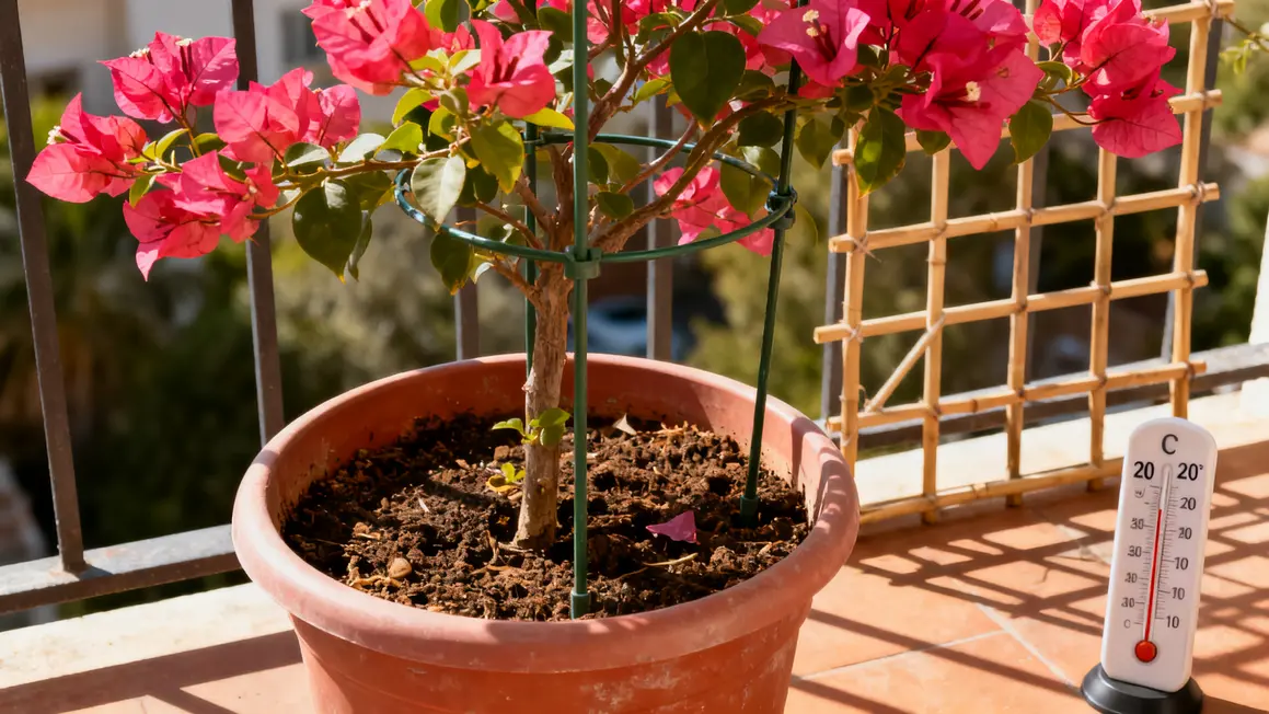 Bougainvillier exposé plein soleil sur balcon, pot plastique et substrat drainant