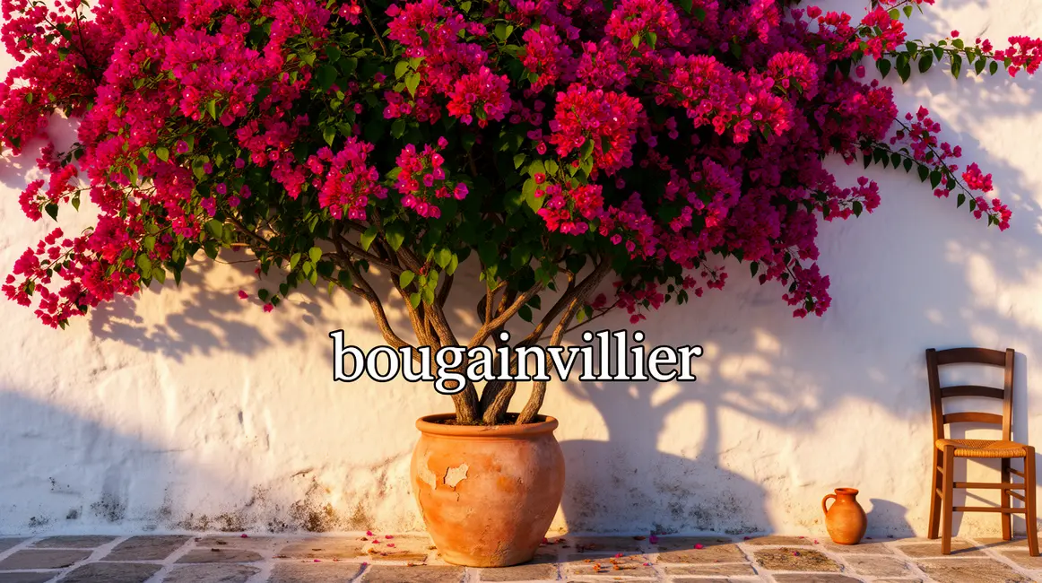 Bougainvillier adulte en pleine floraison pot terre cuite devant mur blanc