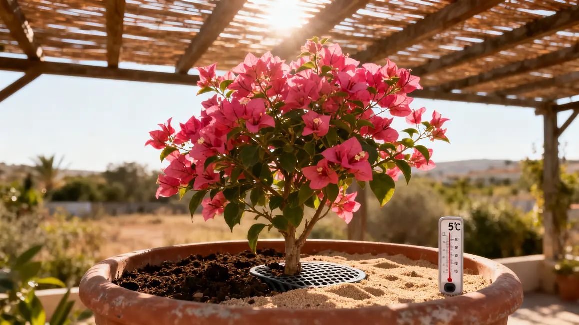 Bougainvillier en pot sous pergola terreau sable drainage