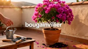 Bougainvillier en pot sur terrasse, lumière, outils, ambiance méditerranéenne
