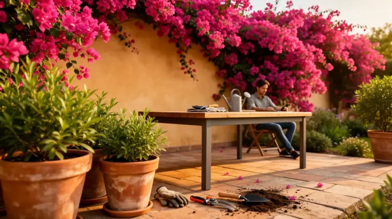 Bougainvillier fleuri sur terrasse et jardin ensoleillés