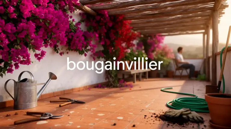 Bougainvillier luxuriant en terrasse ensoleillée avec outils