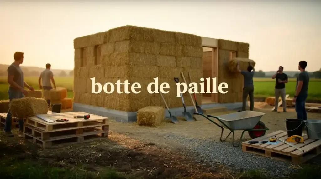 chantier construction maison bottes de paille palettes
