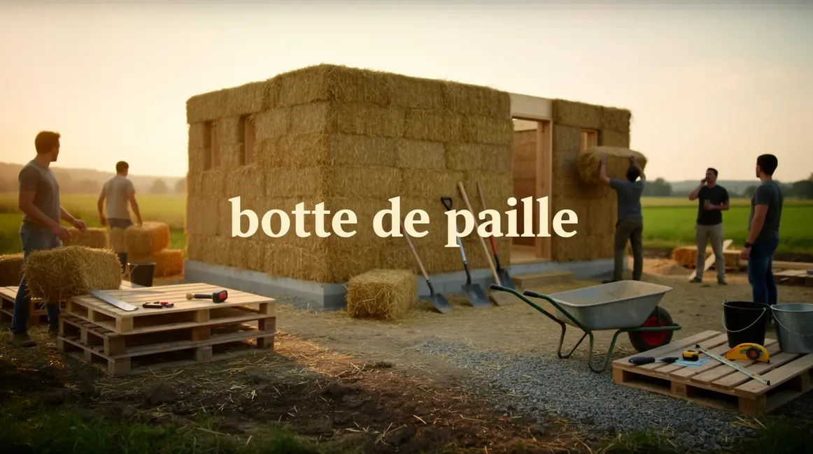 chantier construction maison bottes de paille palettes