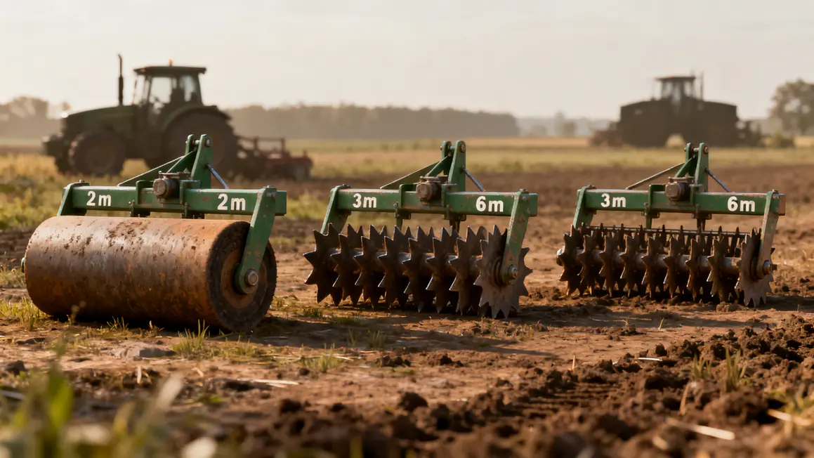 trois herses rotatives differentes largeur sur terrain