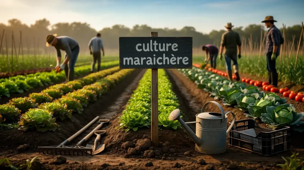 champ de culture maraichere avec outils et jardiniers