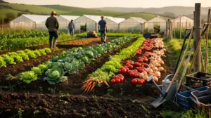 parcelle maraichere diversifiee silhouettes legumes serres outils