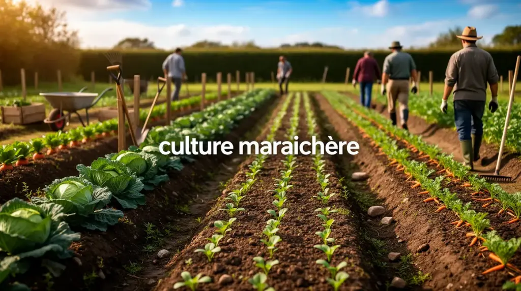 Culture maraichere sur parcelle avec legumes et outils