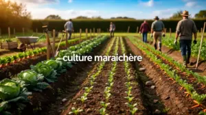 Culture maraichere sur parcelle avec legumes et outils
