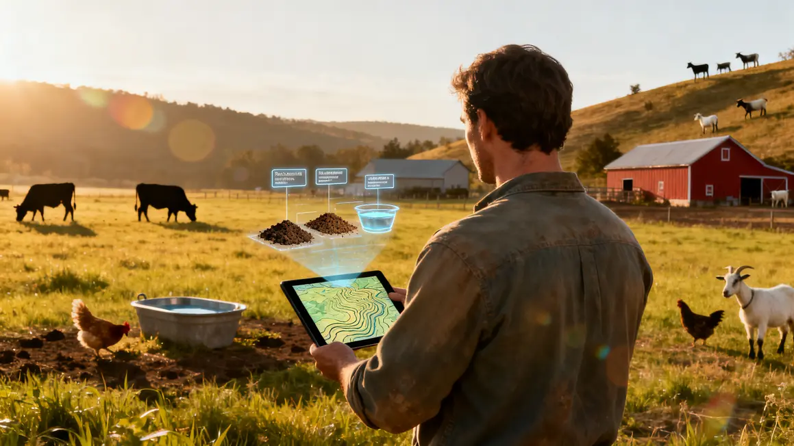 Éleveur analyse prairie sol animaux outils