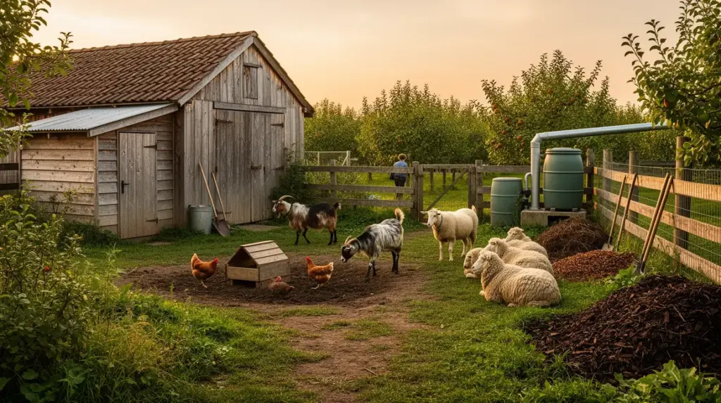 Exploitation élevage durable avec animaux rustiques et bâtiments simples