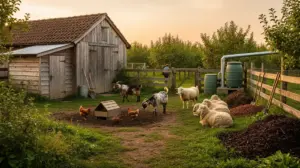 Exploitation élevage durable avec animaux rustiques et bâtiments simples