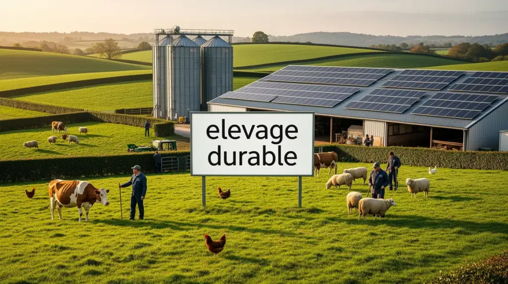 Ferme moderne elevage durable avec animaux, grands espaces, panneaux solaires