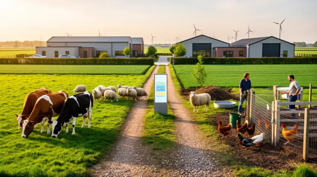 Panorama ferme moderne élevage durable champs animaux