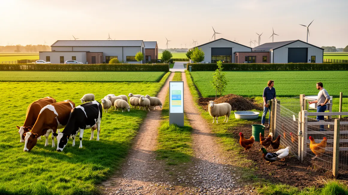 Panorama ferme moderne élevage durable champs animaux
