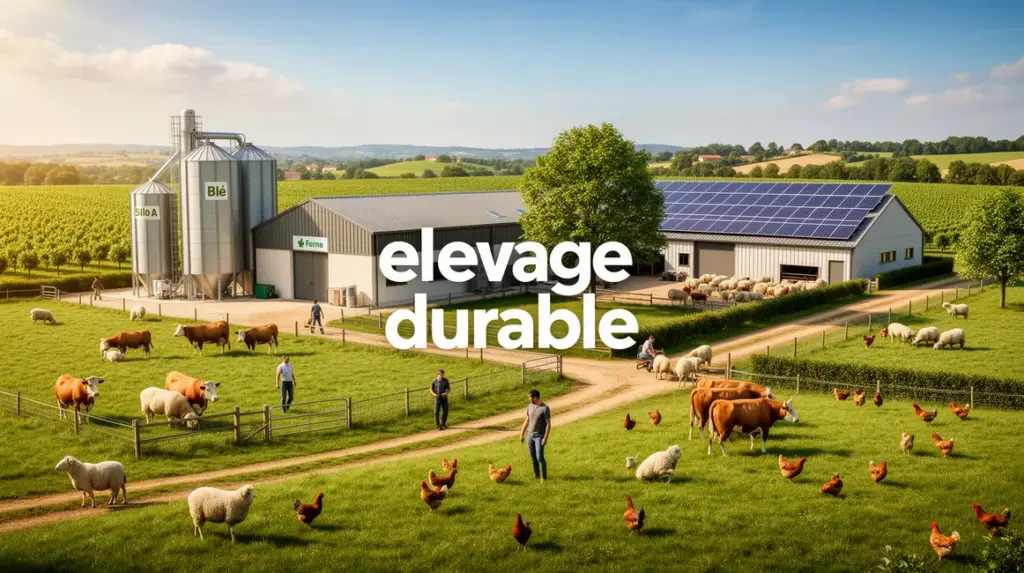 Ferme moderne elevage durable prairies bovins ovins volaille panneaux solaires