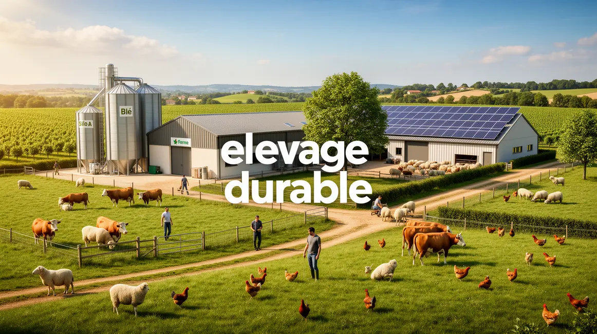 Ferme moderne elevage durable prairies bovins ovins volaille panneaux solaires