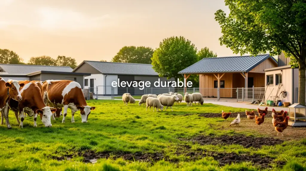 Vue ferme elevage durable moderne vaches moutons poules arbres abri